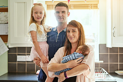 Buy stock photo Portrait, family and baby child in home for love, support and care of people in kitchen. Face, mother and father with newborn kid for pride, parenthood and bonding together with young infant sleeping