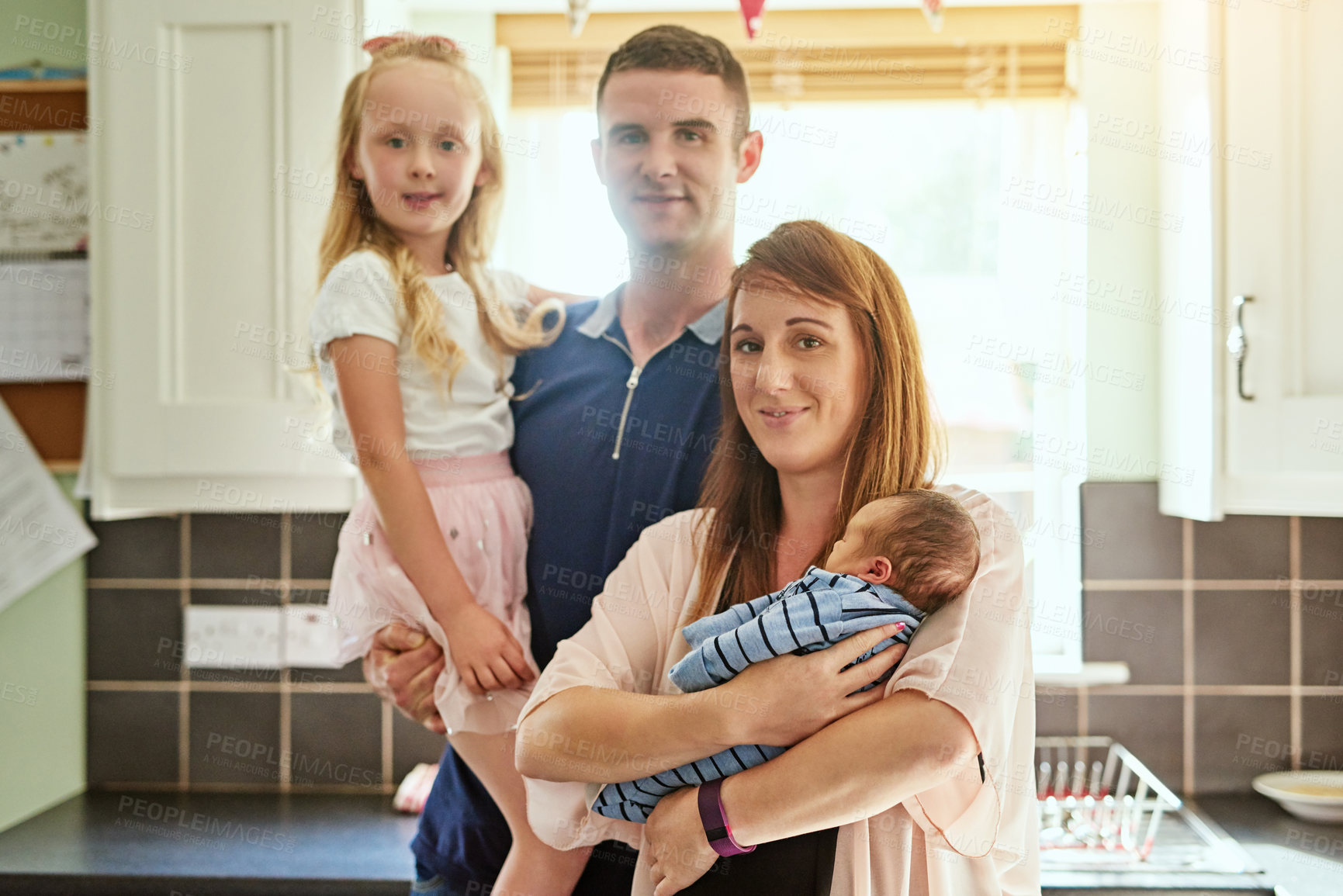 Buy stock photo Portrait, family and baby child in home for love, support and care of people in kitchen. Face, mother and father with newborn kid for pride, parenthood and bonding together with young infant sleeping