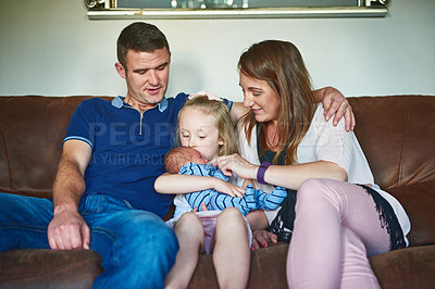 Buy stock photo Parents, family and play with baby child in home for love, support and care of people in living room. Relax, mother and father with newborn kid for pride, development and bonding together with infant