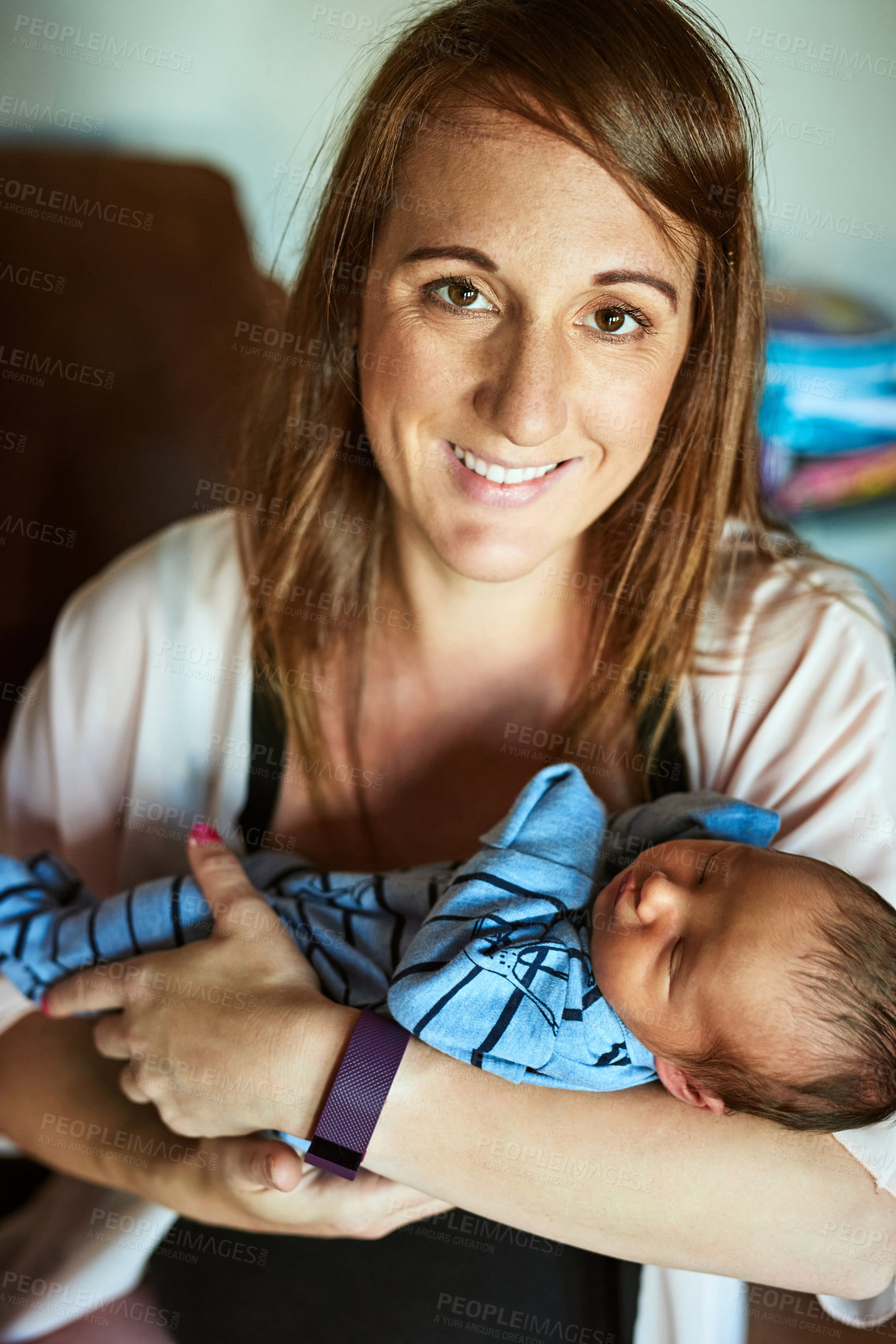 Buy stock photo Portrait, happy mother and baby child in home for love, support or care of family with woman in living room. Face, kid or mom with newborn for motherhood, pride or parent bonding with infant sleeping