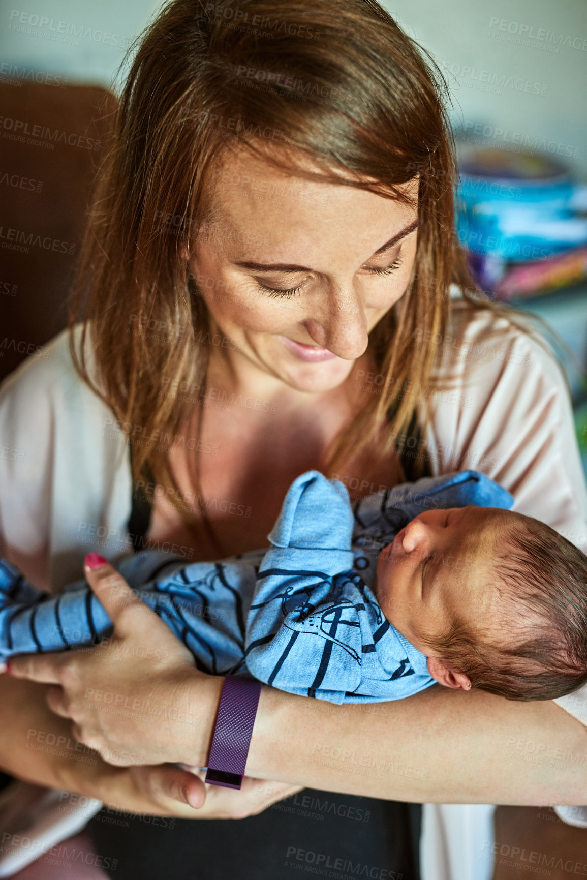 Buy stock photo Smile, mother and baby child in home for love, support or care of family with woman in living room. Growth, kid and mom with newborn for motherhood, pride or parent bonding with young infant sleeping