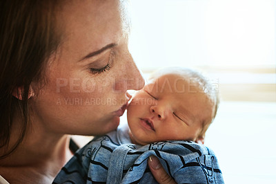 Buy stock photo Mother, kiss and newborn baby in home, sleeping and support child for development in dream. Mom, nap and holding kid for relationship connection by bonding, affection and love for infant or care