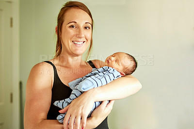 Buy stock photo Mother, portrait and newborn baby in home, sleeping and support child for development in dream. Mom, nap and holding kid for relationship connection by bonding, rest and love for infant or care