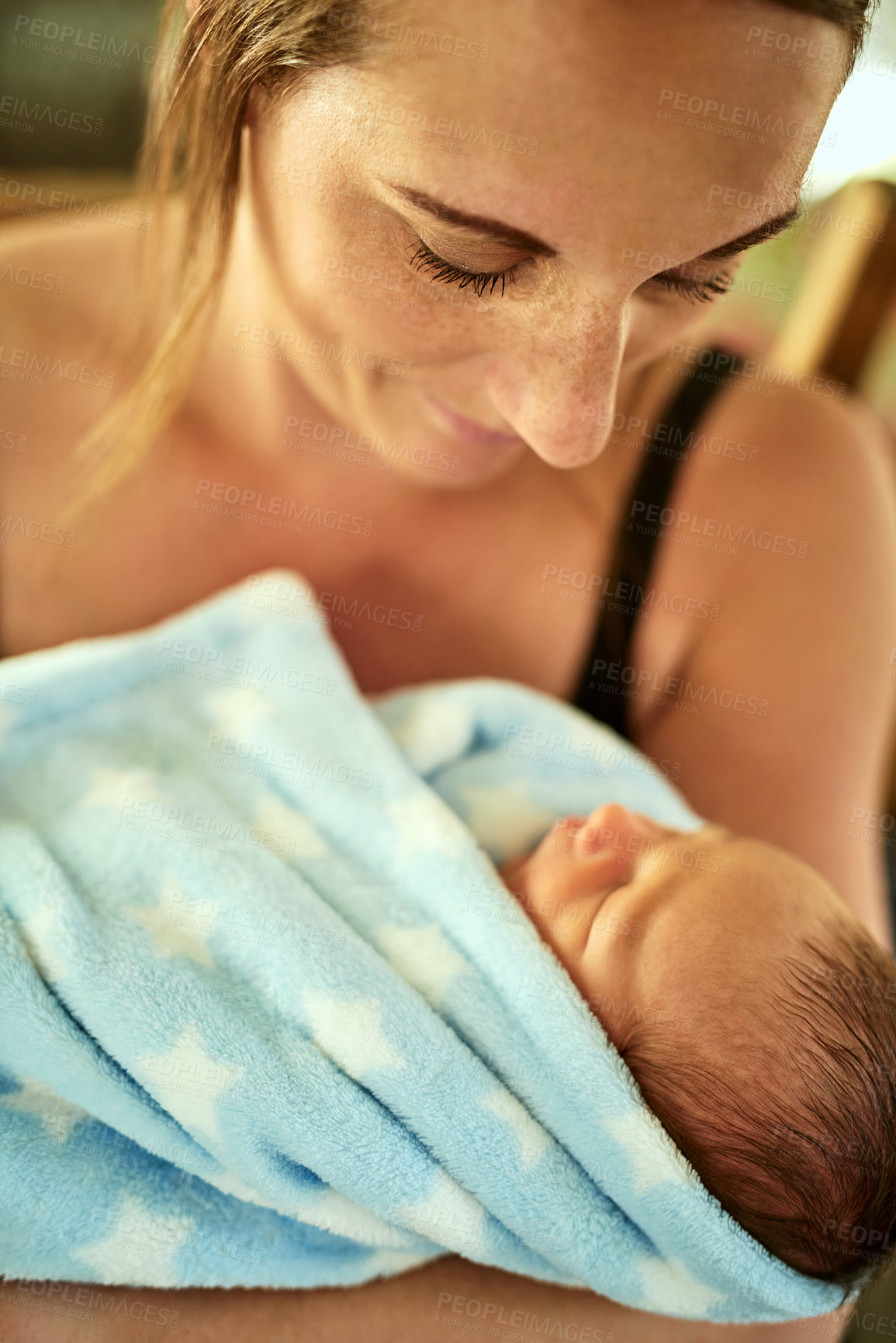 Buy stock photo Mother, hug and newborn baby in home, sleeping and support child for development in dream. Mom, nap and holding kid for relationship connection by bonding, resting and security for infant or care