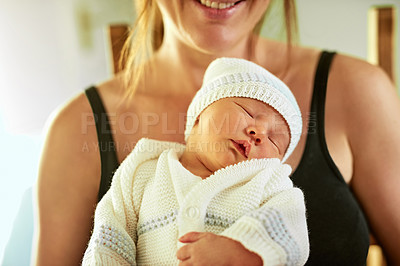 Buy stock photo Closeup, sleeping and mother with baby in home for development, support or care of family with woman. Resting, kid and happy mom with newborn for motherhood, cute and adorable infant in living room