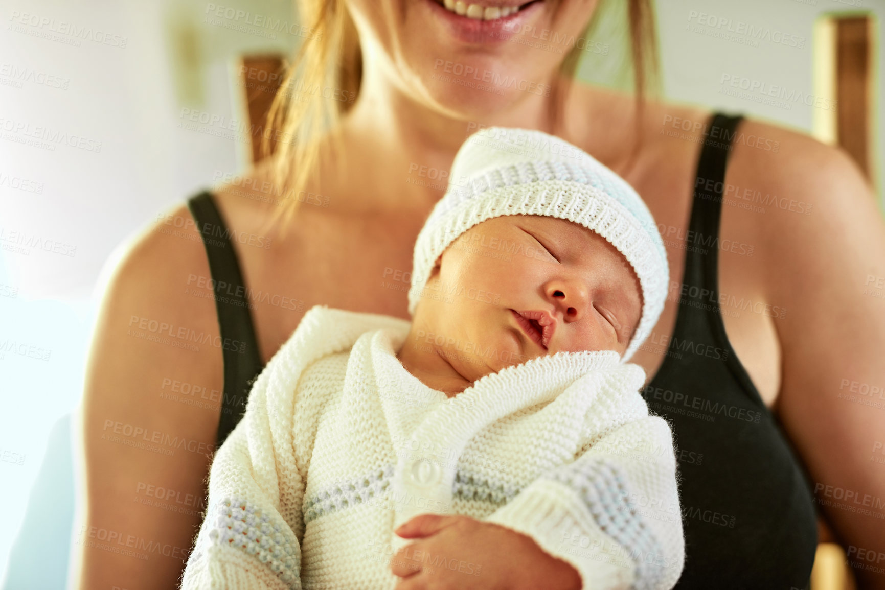 Buy stock photo Closeup, sleeping and mother with baby in home for development, support or care of family with woman. Resting, kid and happy mom with newborn for motherhood, cute and adorable infant in living room