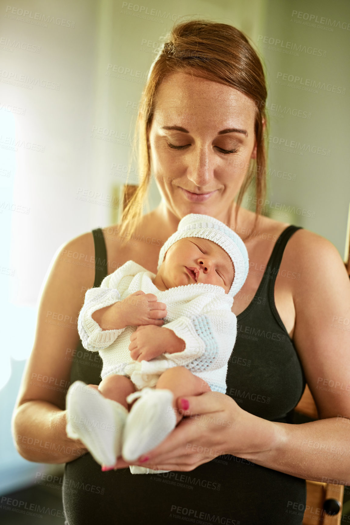 Buy stock photo Love, mother and baby child in home for development, support or care of family with woman in living room. Growth, kid and mom with newborn for motherhood, pride or parent bonding with infant sleeping