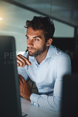 Buy stock photo Serious, thinking and businessman with pen by computer for email, internet and working late in office for corporate career. Happiness, desk and lawyer with technology for communication in workspace