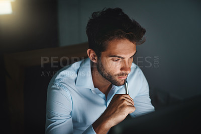 Buy stock photo Businessman, thinking and night with computer for decision, choice or planning at office. Young man or employee working late in wonder, reading or online research for project deadline at workplace