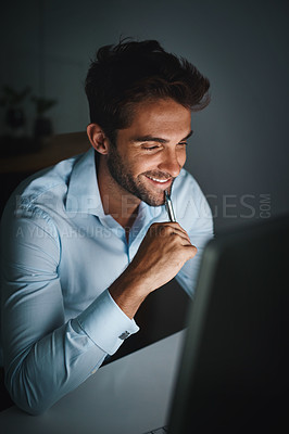 Buy stock photo Idea, thinking and businessman with pen by computer for email, internet and working late in office for corporate career. Happiness, desk and lawyer with technology for communication in workspace