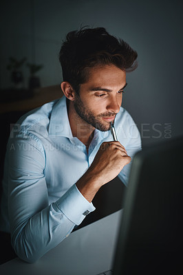 Buy stock photo Hard work, thinking and businessman with pen by computer for email, internet and working late in office for corporate career. Happiness, desk and lawyer with technology for communication in workspace
