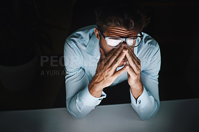 Buy stock photo Businessman, night and stress with depression, burnout or anxiety from mental health at office. Tired or frustrated man working late in debt, mistake or overworked from financial crisis at workplace