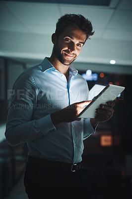 Buy stock photo Businessman, portrait and night with tablet for research, networking or tech support at office. Young man, employee or IT specialist working late on technology for online maintenance at workplace