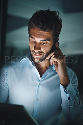 Buy stock photo Phone call, hard work and businessman by computer for email, internet or working late in office for corporate career. Happiness, mobile or lawyer with technology for communication in workspace