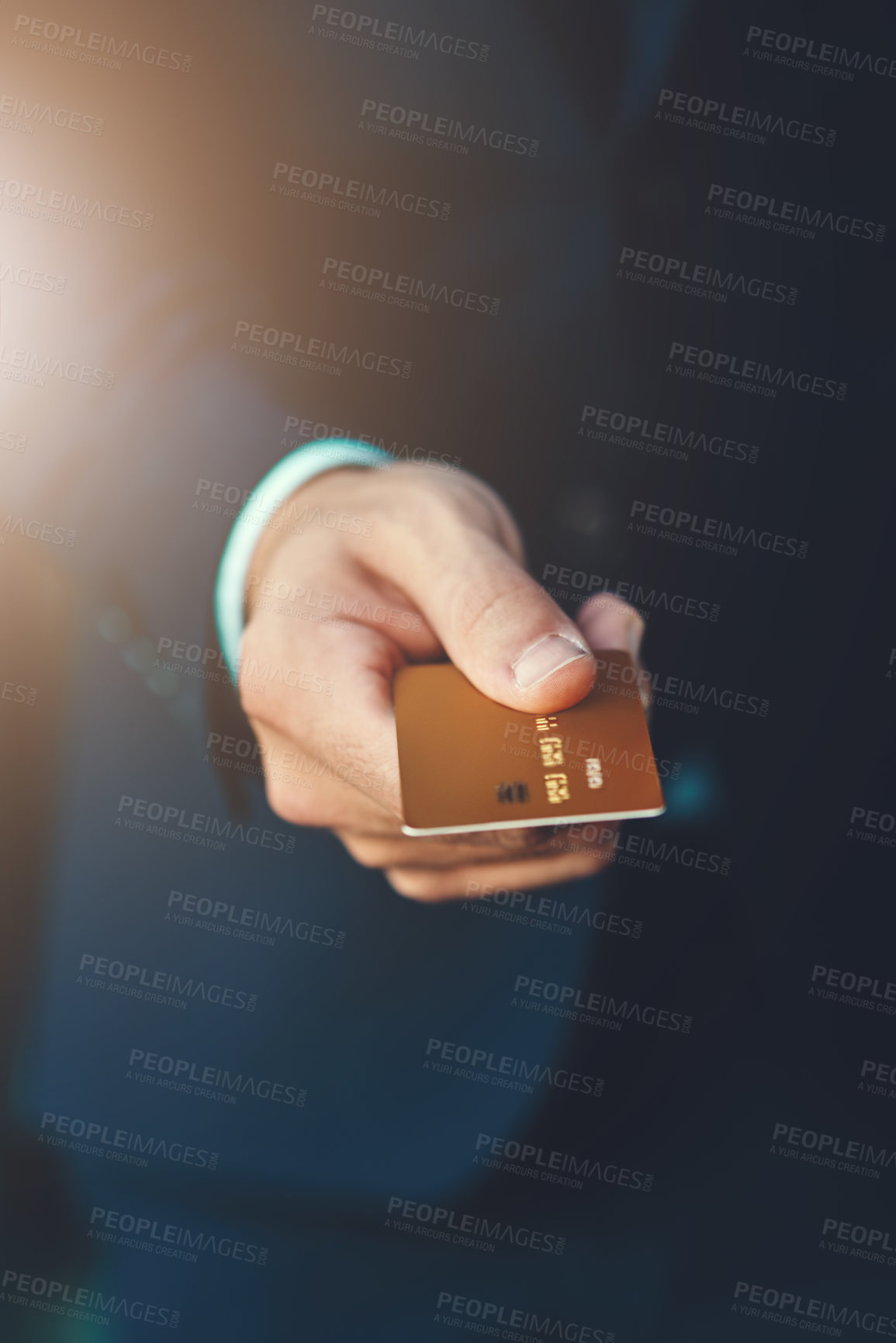 Buy stock photo Bank card, payment and closeup of a businessman hand for shopping, financial bills and loans. Finance, customer and zoom of professional male person paying, buying and spending money for retail.