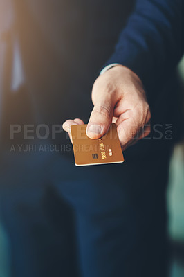 Buy stock photo Debit card, hand and closeup of a businessman for shopping, financial bills and loans. Finance, customer and zoom of professional male person paying, buying and spending money at a retail store.