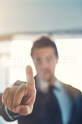 Buy stock photo Fingerprint, security and a business man user in his office with touchscreen technology to access information. Biometrics, software or data with a male employee using a touch screen dashboard at work