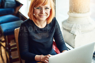 Buy stock photo Portrait, laptop and woman in cafe for freelance design job, online research and digital networking. Smile, computer and creative girl in coffee shop for remote work, planning and typing web article