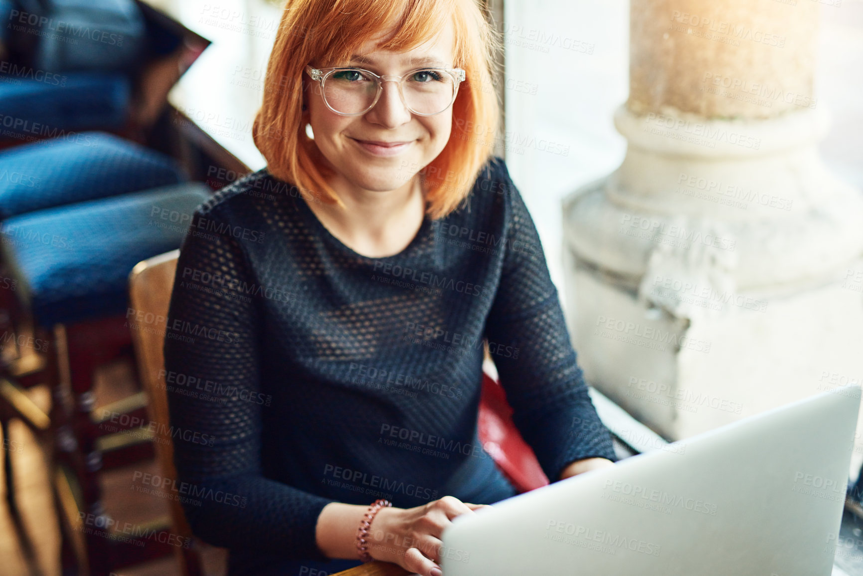 Buy stock photo Portrait, laptop and woman in cafe for freelance design job, online research and digital networking. Smile, computer and creative girl in coffee shop for remote work, planning and typing web article