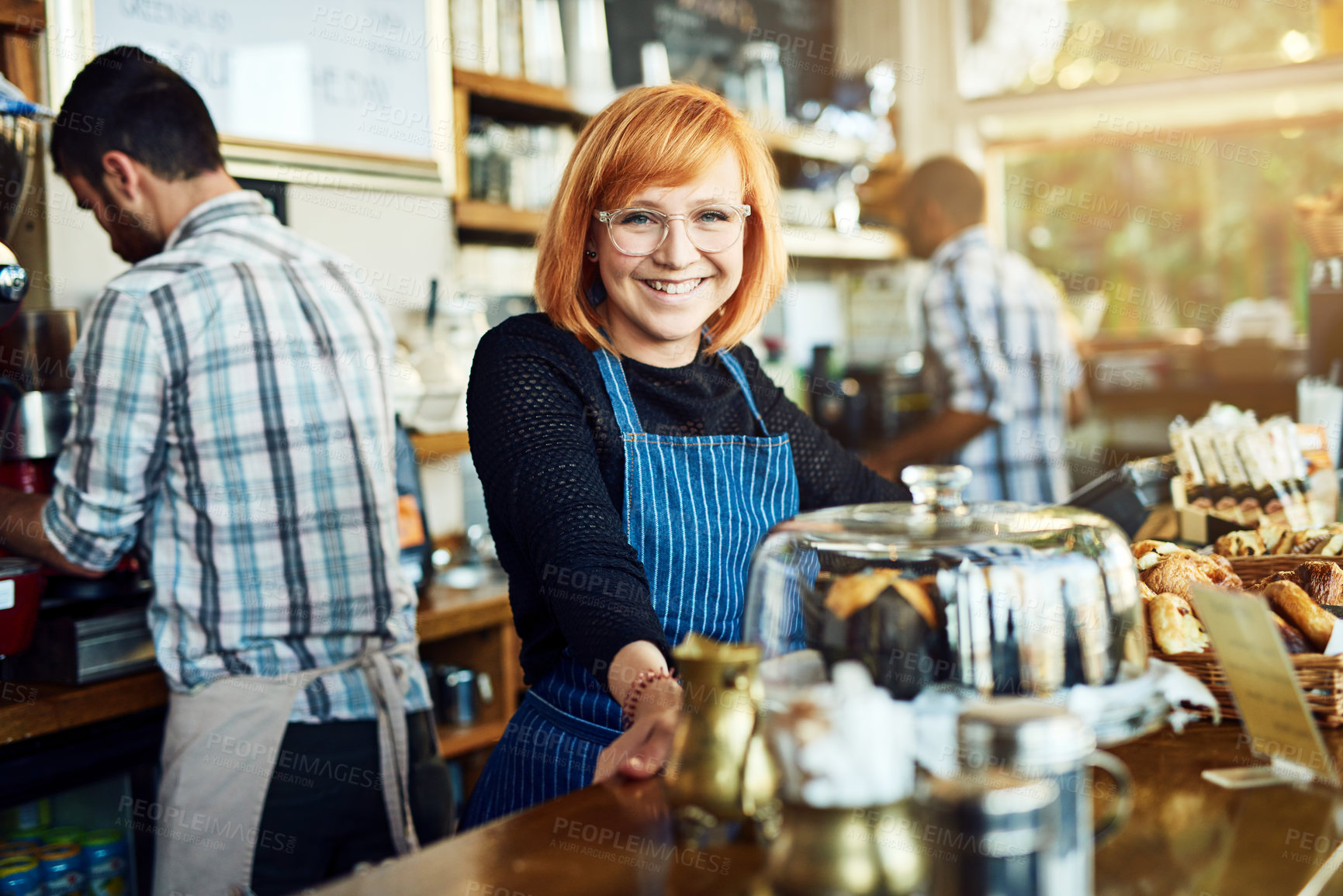 Buy stock photo Portrait, barista or woman by counter in cafe, customer service and cashier working in coffee shop. Bistro startup, small business and female owner with smile for store management, serving or manager