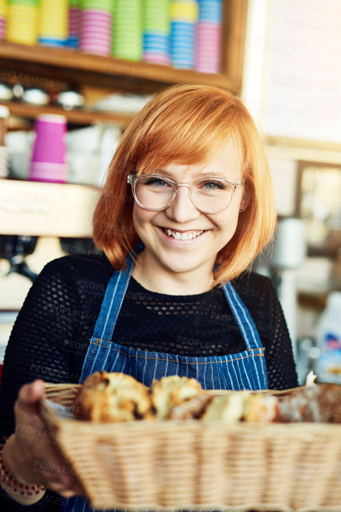 Buy stock photo Portrait, cafe and woman with croissant, baker and seller with startup, small business and store. Face, person and entrepreneur with fresh product, professional and restaurant with service and apron