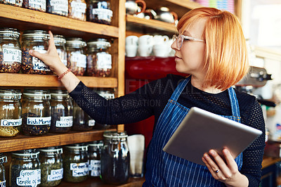 Buy stock photo Barista, woman and tablet for cafe menu or online order on website in startup coffee shop. Small business owner, waiter and review with technology for stock inventory or price checklist in store