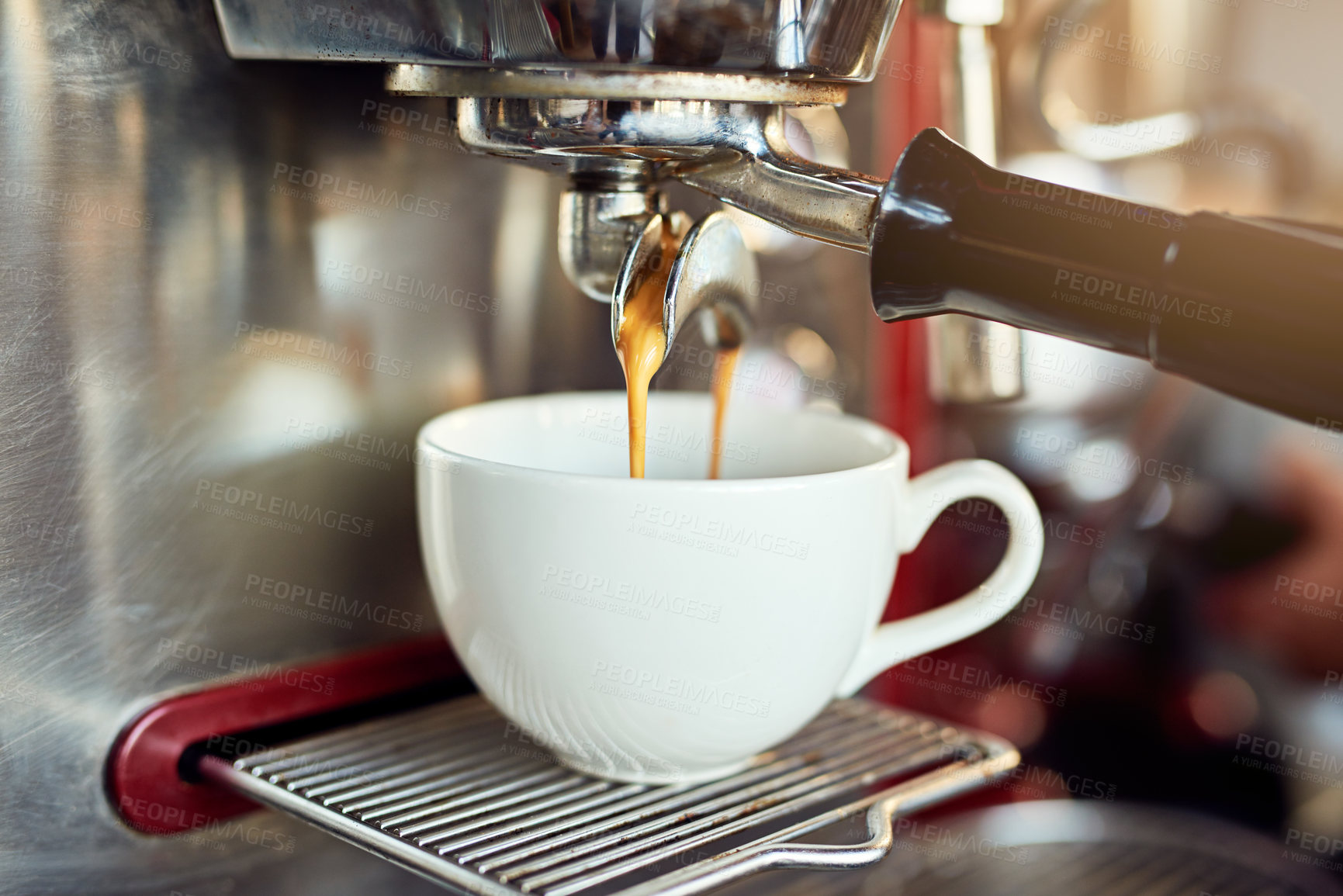 Buy stock photo Coffee machine, cup and espresso in closeup, cafe and service with catering, drink or order in morning. Restaurant, diner and equipment in kitchen for press, filter and prepare beverage at store