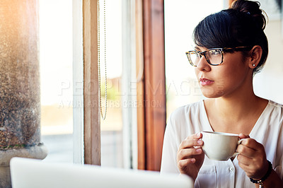 Buy stock photo Laptop, thinking and planning with woman in coffee shop for freelancer, email marketing or networking. Newsletter, online branding and remote work with person in cafe for entrepreneur, writer and web