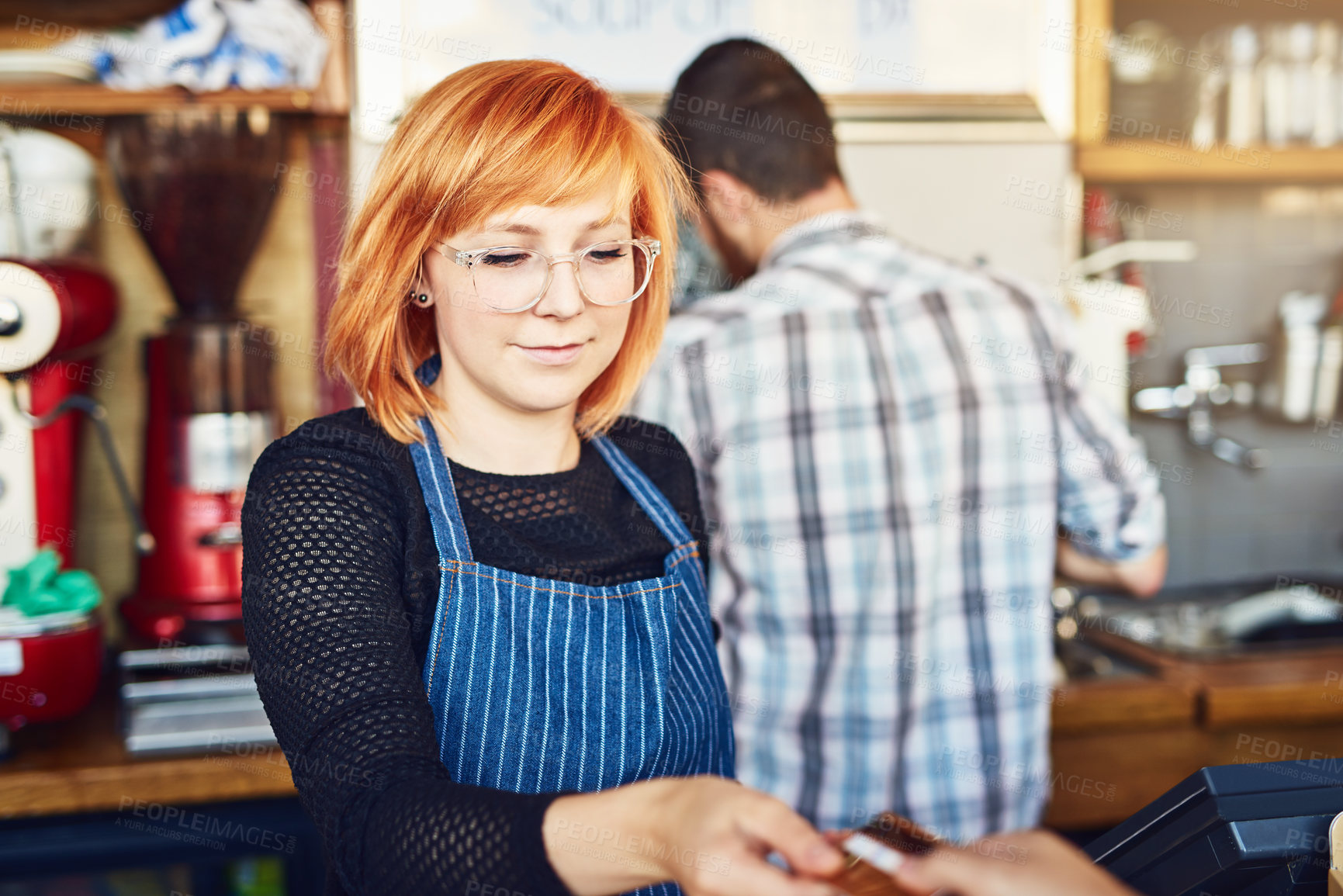 Buy stock photo Coffee shop, payment and woman with customer card for service, checkout and purchase for drink, beverage and product. Restaurant, cafe and cashier with person at counter for help, pos and order