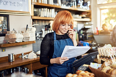 Buy stock photo Woman, phone call and shop owner in cafe with documents, thinking or reading for price, stock and deal. Happy barista, smartphone and paperwork for invoice, inventory and contact supplier in diner