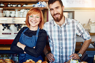 Buy stock photo Portrait, man and woman at cafe counter with confidence, smile and partnership for small business owner at restaurant. Entrepreneur, teamwork and happy couple at coffee shop for service in Ireland