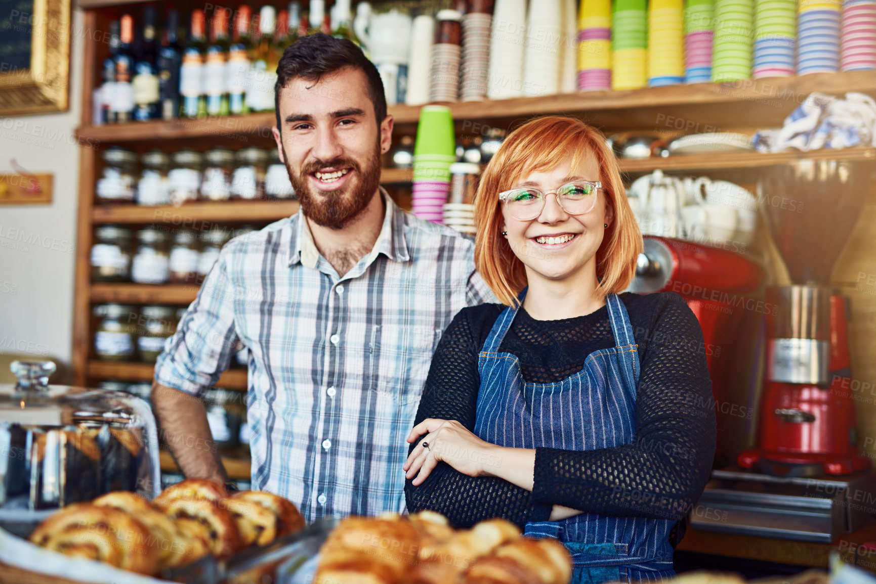 Buy stock photo Portrait, man and woman in cafe with partnership, confidence and smile for small business owner at restaurant. Entrepreneur, teamwork and happy couple at coffee shop for bakery service in Ireland