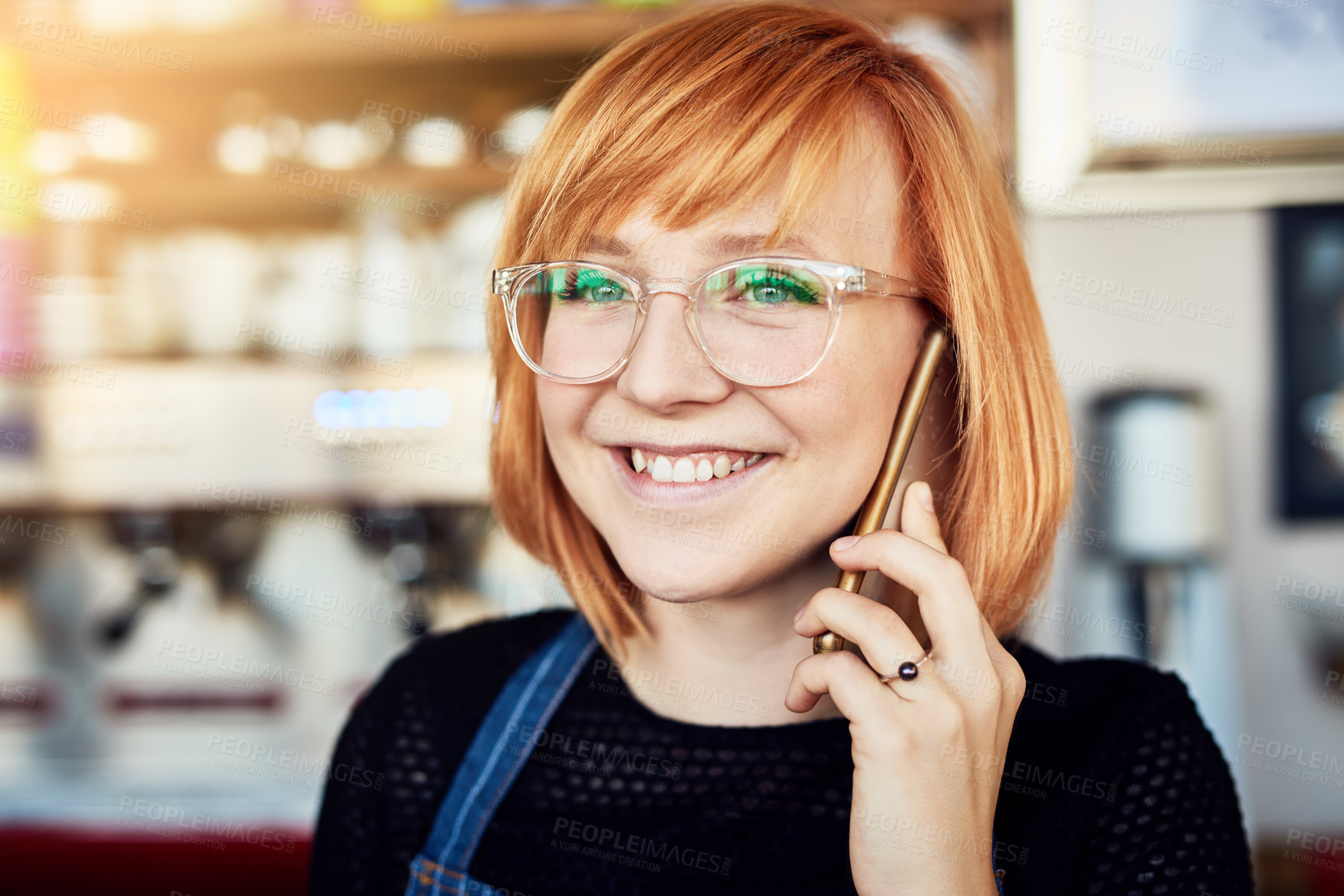 Buy stock photo Woman, phone call and shop owner with smile in cafe, thinking and deal for discount with coffee supplier. Barista, entrepreneur and happy with smartphone, contact and negotiation for price at diner