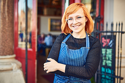 Buy stock photo Portrait, confidence and woman at cafe door with smile, welcome and small business owner at restaurant. Bakery, entrance and happy waitress at coffee shop with arms crossed, service and hospitality