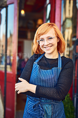 Buy stock photo Portrait, confidence and girl at cafe entrance with smile, welcome and small business owner at restaurant. Bakery, door and happy woman at coffee shop with arms crossed, service and hospitality