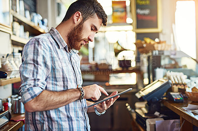 Buy stock photo Barista, man and tablet for coffee shop checklist or online order on website in startup cafe. Small business owner, waiter and review with technology for stock inventory or price menu in store