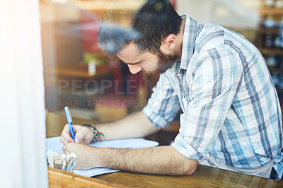 Buy stock photo Small business, man and paper in cafe for stock, tax compliance and company registration update. Entrepreneur, documents and writing in restaurant for checklist, inventory management or startup costs