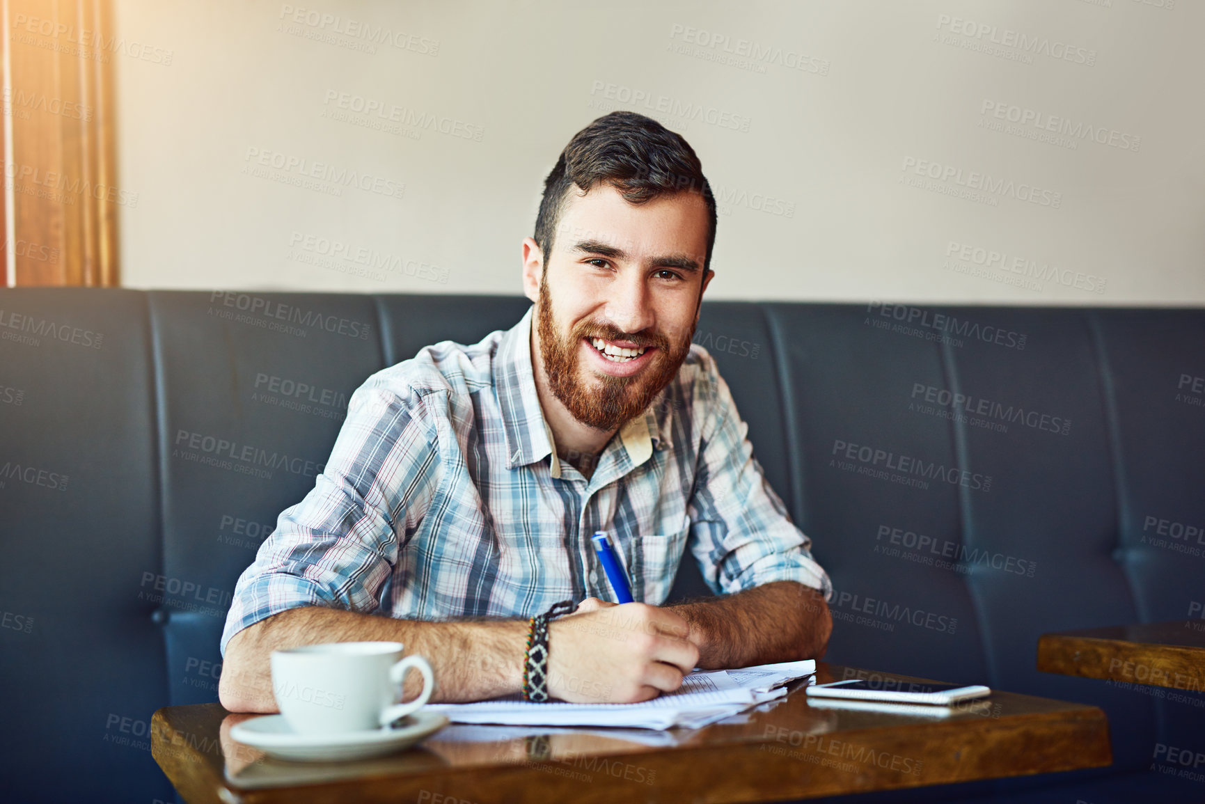 Buy stock photo Man, coffee shop and portrait with paperwork for small business as manager for inventory or stock. Male person, table and writing for food menu, restaurant or bistro in hospitality industry in Sweden