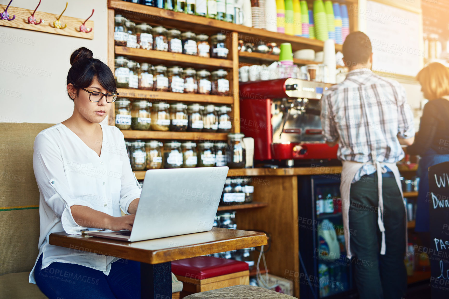 Buy stock photo Woman, laptop and remote work for copywriter at cafe, online research and website to upload article. Female person, coffee shop and creative copywriting for business media, planning and freelancer