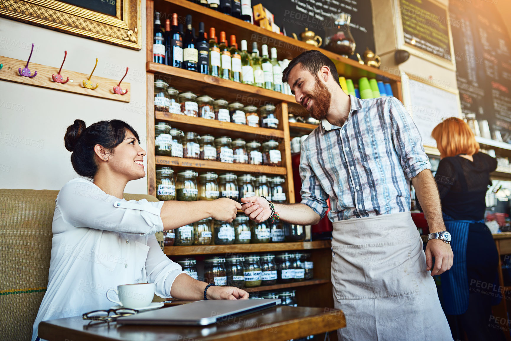 Buy stock photo Happy woman, barista and payment with credit card in cafe for customer service, financial transaction or banking. Waiter, order and giving money in coffee shop for tip, b2c and purchase at restaurant
