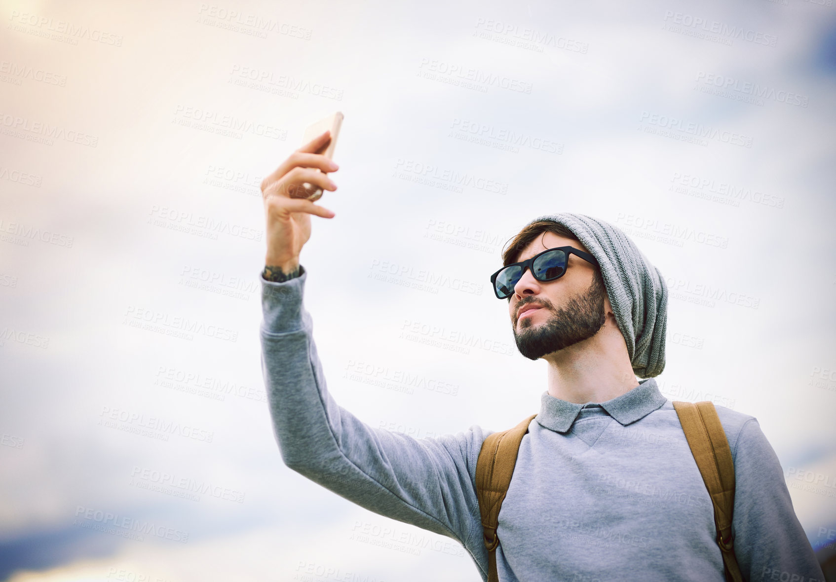 Buy stock photo Man, selfie and outdoor for travel in city, social media and post with connection with internet in urban downtown. Belgium, outside and smartphone or tourist blog, holiday and weekend on mobile app