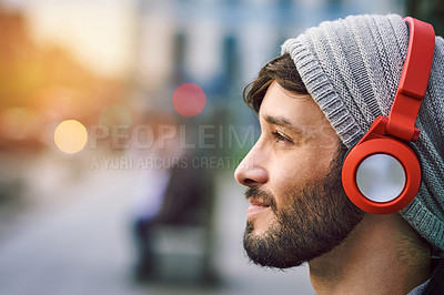 Buy stock photo Music, travel and profile of happy man with headphone in city for commute, streaming podcast or radio. Bokeh, mockup and person for morning journey, listening to playlist or song on internet in town