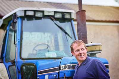 Buy stock photo Farming, thinking and man by tractor in nature outdoor for transportation, maintenance and mowing or planting. Male farmer, agricultural equipment and machine for irrigation, cultivation and plowing.