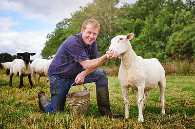 Buy stock photo Shot of a male farmer feeding a sheep on a farm