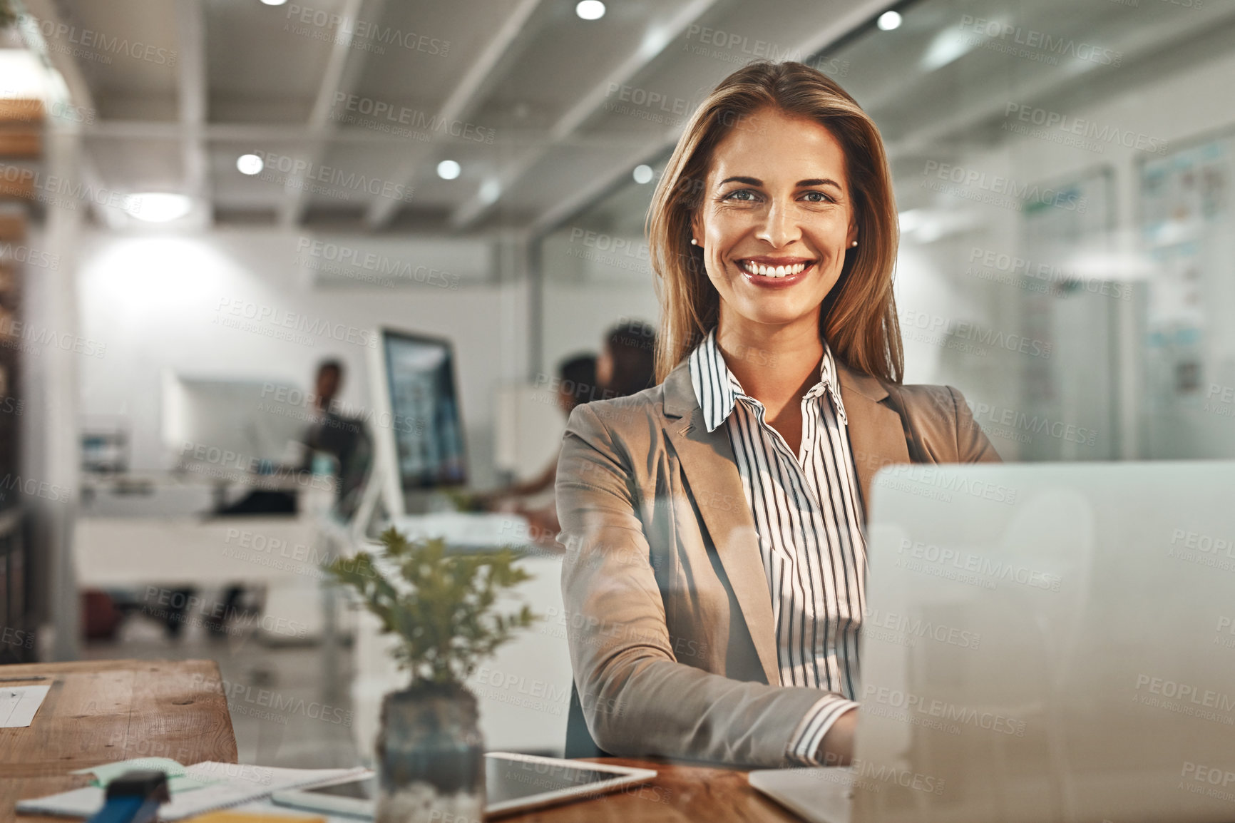 Buy stock photo Portrait, employee and woman with laptop, smile and happiness with internet, connection and typing. Face, agency or journalist with computer, research for article or website information for proposal