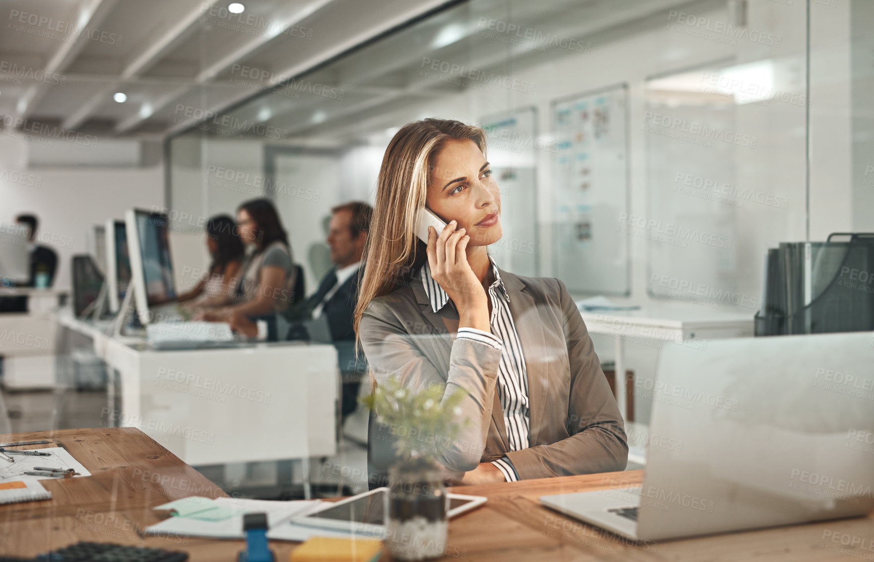 Buy stock photo Businesswoman, laptop or phone call for thinking of ideas for planning, appointment or speaking. Creative, listen or administrator talking in office on mobile conversation for project at workplace