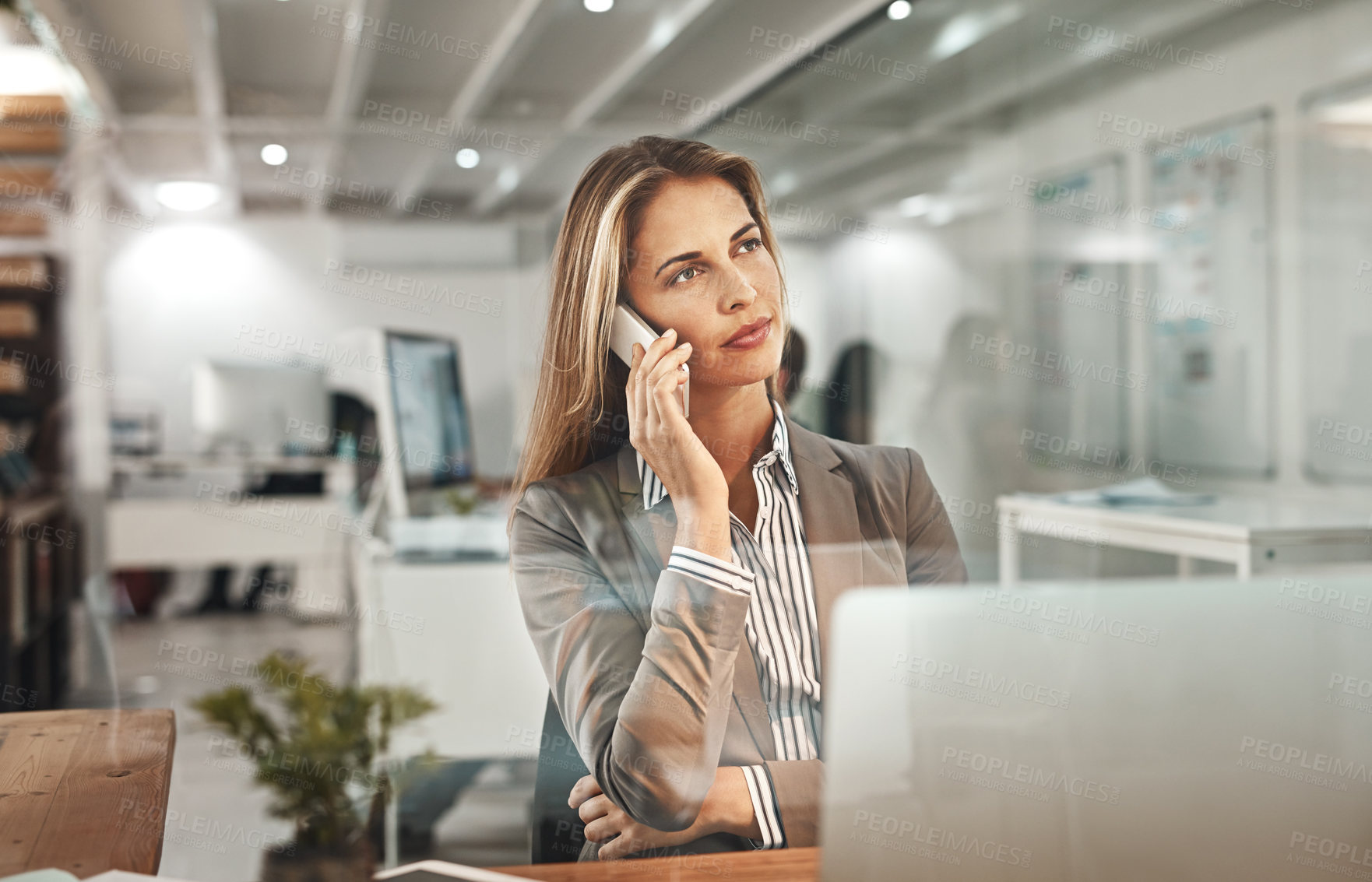 Buy stock photo Businesswoman, laptop or phone call in office for thinking of planning, appointment or speaking. Idea, discussion or female manager talking on mobile conversation for project schedule at workplace