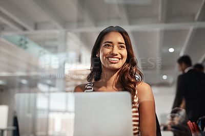 Buy stock photo Laptop, idea and glass with a business woman in the office, working while sitting at her desk. Computer, thinking or smile and a happy young female employee with a vision of the future at work