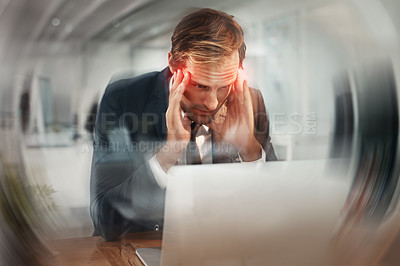 Buy stock photo Laptop, blur and business man with headache, stress and deadline at night in office. Pain, sick and tired employee with migraine on computer, vertigo and massage temples for brain fog with red glow