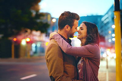 Buy stock photo Couple, night and city with hug for romance, bonding and love in relationship with life partner. Happiness, affection and people with commitment and trust, sweet moment and romantic together outdoor